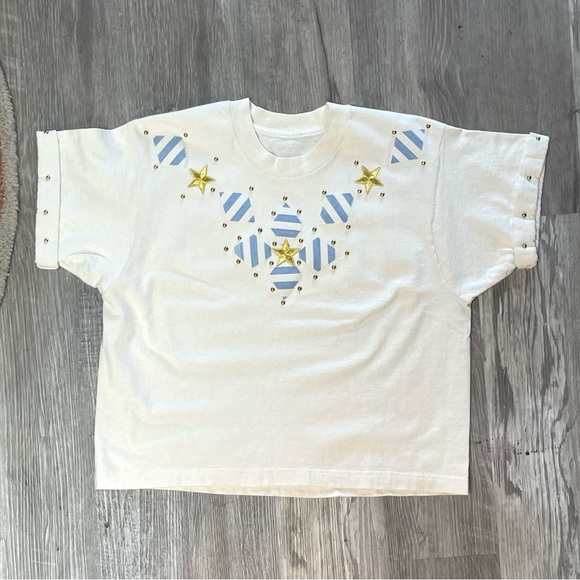 Vintage Tops - Vintage 1990s Nautical Striped + Stars Patchwork Studded Cropped T-Shirt